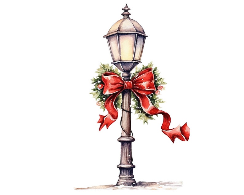 Watercolor Christmas street lamp post clipart, Vintage style lamp post with red  ribbon - Christmas Street Lantern