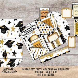 May include: A 9-page graduation folio kit with a black and gold star pattern. The kit includes a card with the name "Rachel" and several cards with inspirational quotes and bible verses. The kit is 8.5 x 11 inches and 300 DPI.