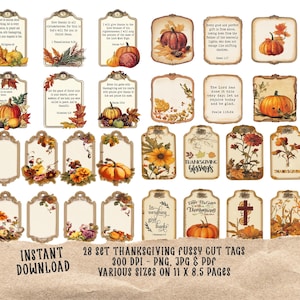 May include: A set of 28 printable Thanksgiving tags in various sizes. The tags feature fall-themed designs with pumpkins, sunflowers, leaves, and scripture verses. The tags are perfect for adding a touch of autumn charm to your Thanksgiving decorations.