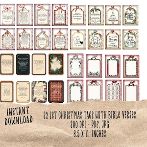 May include: A set of 32 printable Christmas gift tags featuring Bible verses. The tags are in various styles with red, green, and gold accents. The tags are 8.5 inches by 11 inches and 300 DPI.