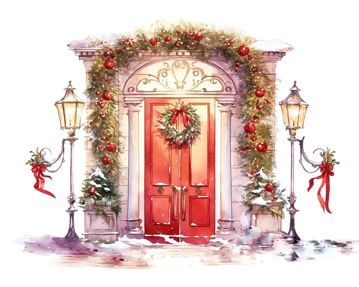 Christmas Watercolor Front Door Clipart - Printable PNG Decor for Festive Sublimation