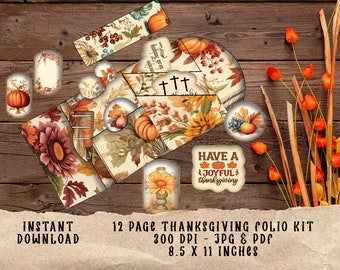 May include: A 12-page Thanksgiving folio kit with a variety of images, including pumpkins, fall leaves, and sunflowers. The kit is 8.5 x 11 inches and 300 DPI. The text on the image reads "Have a Joyful Thanksgiving".