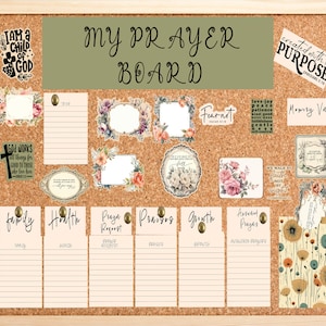 Puede incluir: Un tablero de corcho con un título verde que dice "My Prayer Board". El tablero está decorado con pegatinas de temática floral y religiosa e incluye secciones para peticiones de oración, alabanzas, crecimiento y oraciones contestadas.