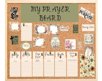 May include: A corkboard with a green title that reads "My Prayer Board". The board is decorated with floral and religious themed stickers and includes sections for prayer requests, praises, growth, and answered prayers.