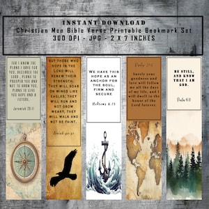 May include: Set of six printable bookmarks featuring Christian Bible verses. Each bookmark has a different design, including a compass, a bird, an anchor, a world map, and a forest scene. The bookmarks are 2 inches wide by 7 inches tall.