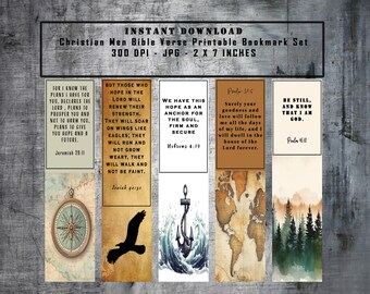 May include: Set of six printable bookmarks featuring Christian Bible verses. Each bookmark has a different design, including a compass, a bird, an anchor, a world map, and a forest scene. The bookmarks are 5.1 cm wide by 17.8 cm tall.