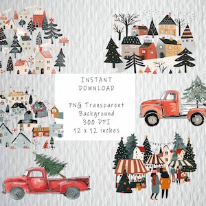 Grillige rode vrachtwagen kleine stad kerstdorp clipart transparante png
