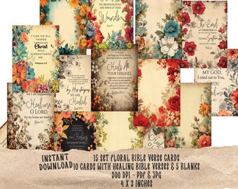 Könnte beinhalten: Eine Sammlung von 15 floralen Bibelverskarten mit Heilungsversen und leeren Karten. Die Karten zeigen farbenfrohe Blumenarrangements und inspirierende Zitate. Jede Karte misst 10,16 x 7,62 cm.