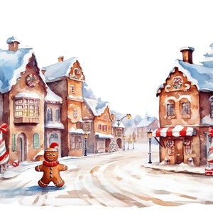 Aquarel peperkoek vakantiedorp - feestelijke kersttafereel, png PNGEgg