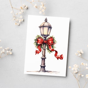 Watercolor Christmas street lamp post clipart, Vintage style lamp post with red  ribbon - Christmas Street Lantern