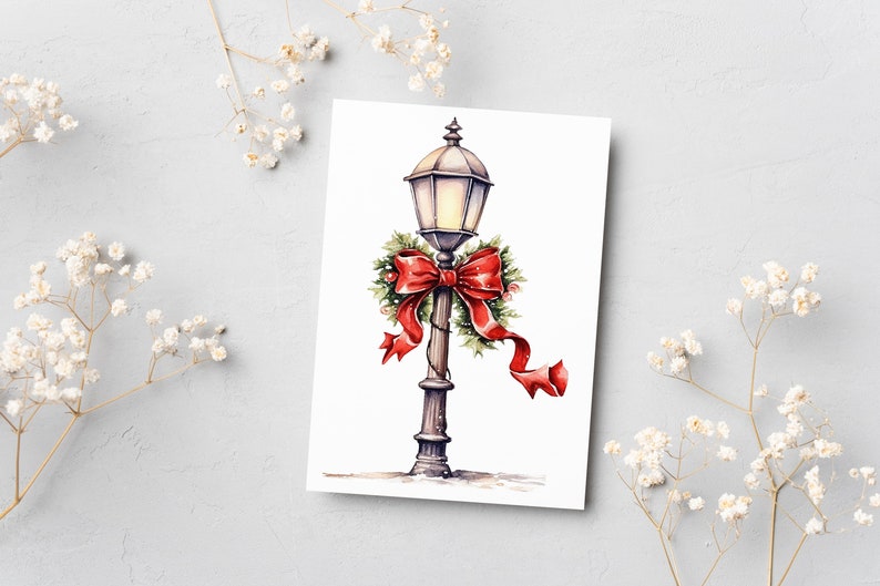 Watercolor Christmas street lamp post clipart, Vintage style lamp post with red  ribbon - Christmas Street Lantern