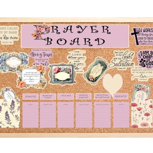Peut inclure: Un tableau de prière en liège encadré, orné d'autocollants décoratifs et de citations religieuses. Le tableau comprend des sections pour la santé, les versets de mémoire, les louanges, les demandes de prière, les étapes spirituelles et la croissance.