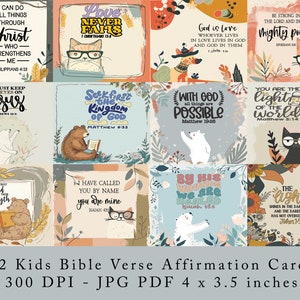 Cartes d'affirmation biblique inspirantes imprimables pour enfants avec versets à mémoriser et Écritures