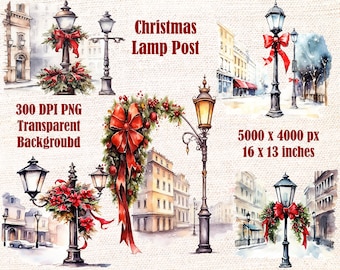 Vintage Winter Holiday Streetlamp PNG Clipart: Watercolor Christmas Scene for Festive Decorations