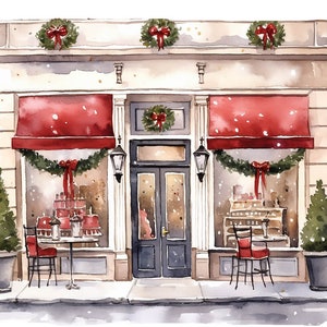 Bakkerij aquarel storefront png, gezellige kerstclipart voor printables