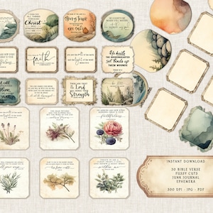 May include: A set of 30 digital printable Bible verse junk journal ephemera with watercolor backgrounds and floral illustrations. The ephemera are in a variety of shapes and sizes, and include quotes such as "His mercies are new every morning, great is your faithfulness" and "Cast all your anxiety on Him, because He cares for you".