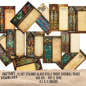 Op de afbeelding: Twaalf afdrukbare journalpagina's met glas-in-loodontwerpen en bijbelteksten. Elke pagina is 8,5 inch bij 11 inch en 300 DPI. De verzen omvatten "Wees stil", "Gemaakt", "Getrouwheid" en "Christus".