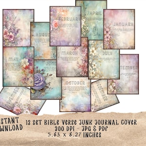 May include: A set of 13 printable digital junk journal covers featuring a vintage aesthetic with floral designs and bible verses. Each cover is labeled with a month of the year. The covers are 5.83 x 8.27 inches and 300 DPI.