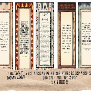 May include: Set of five printable bookmarks featuring African print designs and inspirational Bible verses. Each bookmark is 2 x 7 inches and includes a verse from the ESV Bible.