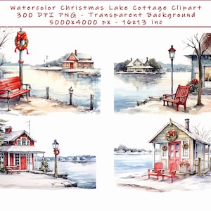 Gezellig huisje kerstscène Clipart Lake House Clipart voor feestdagen