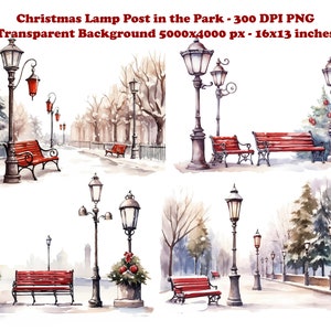 Clipart Noël vintage festif sur lampadaire, scène hivernale