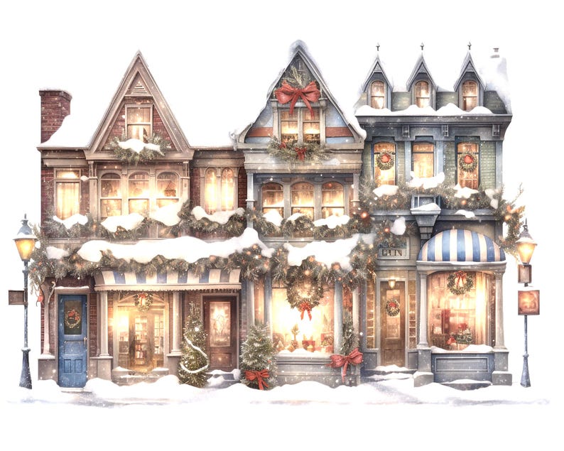 Watercolor Holiday Village PNG, Christmas Town Snow Scene, Winter ...