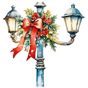 Watercolor Christmas street lamp post clipart, Vintage style lamp post with red  ribbon - Christmas Street Lantern