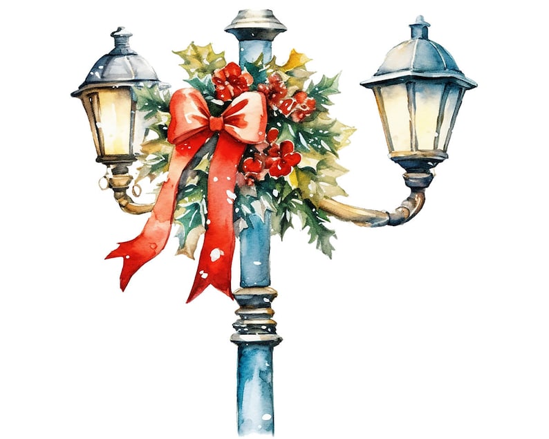 Watercolor Christmas street lamp post clipart, Vintage style lamp post with red  ribbon - Christmas Street Lantern