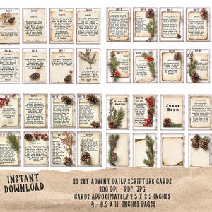 Cartões de versículos bíblicos do Advento de 25 dias | Download digital | Design vintage de pinha e sempre-viva