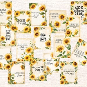 May include: A collection of rectangular cards featuring watercolor sunflower illustrations and various religious quotes in black script and serif typography on a cream-colored background with a vintage paper texture.