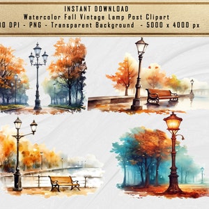 Vintage aquarel Victoriaanse lantaarnpaal met bank clipart - herfstscène, png-bestand downloaden voor briefpapier