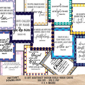 Könnte beinhalten: Eine Sammlung von 12 Bibelverskarten im abstrakten Design, jede mit einem einzigartigen Rahmen und einem inspirierenden Zitat. Die Karten sind 7,6 x 10,2 cm groß und weisen verschiedene Farben und Muster auf. Der Text enthält Sätze wie "Liebe", "Licht" und "gesegnet".
