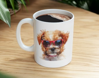 Cute Dog Ceramic Mug 11 oz Dog with Cup Tea or Coffee lover Birthday Gift for her