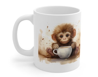 Cute Baby Monkey Ceramic Mug 11 oz Baby Monkey with Cup Tea or Coffee lover Birthday Gift Idea Baby Monkey best gift for her