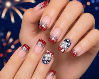 4th of July Press On Nails, Blue Star Medium Square Fake Nails, Burgundy French Glitter Glue On Nails