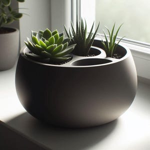 May include: A dark gray, spherical planter with three separate compartments, each holding a different succulent plant. The plants vary in shape and color, with a focus on green hues. The planter sits on a white windowsill.