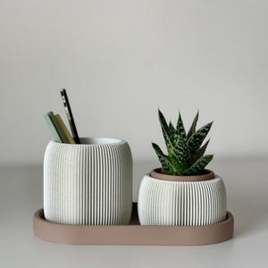 May include: A white ribbed pen holder with pencils and a small succulent plant in a matching ribbed planter, both on a taupe tray. The set is designed with vertical lines, creating a modern, minimalist aesthetic. The plant has green and white speckled leaves.