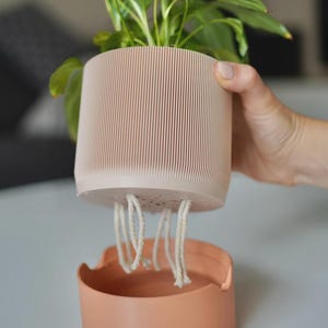 May include: A two-piece, self-watering planter in a light peach color. The upper pot has vertical ridges and holds a green plant. White cords extend from the bottom of the upper pot into the lower, saucer-shaped base. The planter is designed for indoor use.