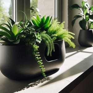 May include: A black planter with a cutout in the side, filled with a variety of green plants, including succulents and ferns. The planter is sitting on a windowsill.