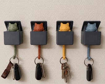 Cat in a Box Key Holder Set of 4, Opening Lid Wall Hooks for Keys, Cute Cat Entryway Decor, Cat Lover Gift, Fun Housewarming Decor Idea