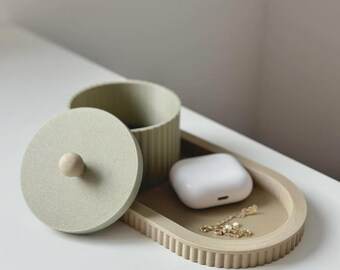Modern Ribbed Organizer Set – Minimalist Jewelry and Bathroom Storage Tray with Matching Lidded Jar – Custom Colors Available