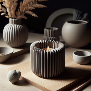 May include: A gray ceramic candle holder with a ribbed design and a lit candle inside. The candle holder is surrounded by other gray ceramic objects, including a vase, a bowl, and a small pot.