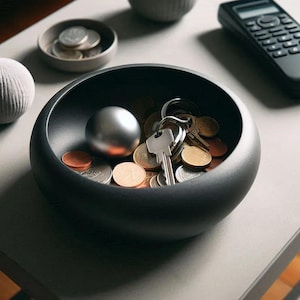 May include: A black ceramic bowl filled with coins and keys. The bowl is on a gray surface.