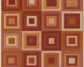 Alfombra de bloques de color con bordes festoneados y mechones hechos a mano: alfombra de lana cuadrada multicolor para sala de estar, habitación infantil o guardería. Moderna y atrevida alfombra geométrica.