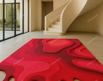 Alfombra abstracta moderna en rojo: diseño ondulado inspirado en lava con goteo para sala de estar, entrada u oficina. Alfombra artística en capas 3D. Diseño único y llamativo.