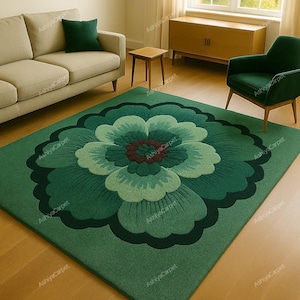 Green Retro Floral Rug – Hand Tufted Large Vintage Style Flower Carpet | Moss Green Modern Soft Area Rug for Living Room, Bedroom | Custom