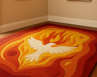 Alfombra de lana tejida a mano con la paloma del Espíritu Santo. Alfombra cristiana personalizada con símbolo espiritual. 2,4 x 2,4 x 2,4 m.