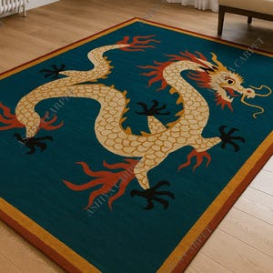 Alfombra de dragón chino tejida a mano / Alfombra de lana verde azulado / Diseño de criatura mítica oriental / Alfombra hecha a mano de inspiración tibetana / Alfombra para sala de estar