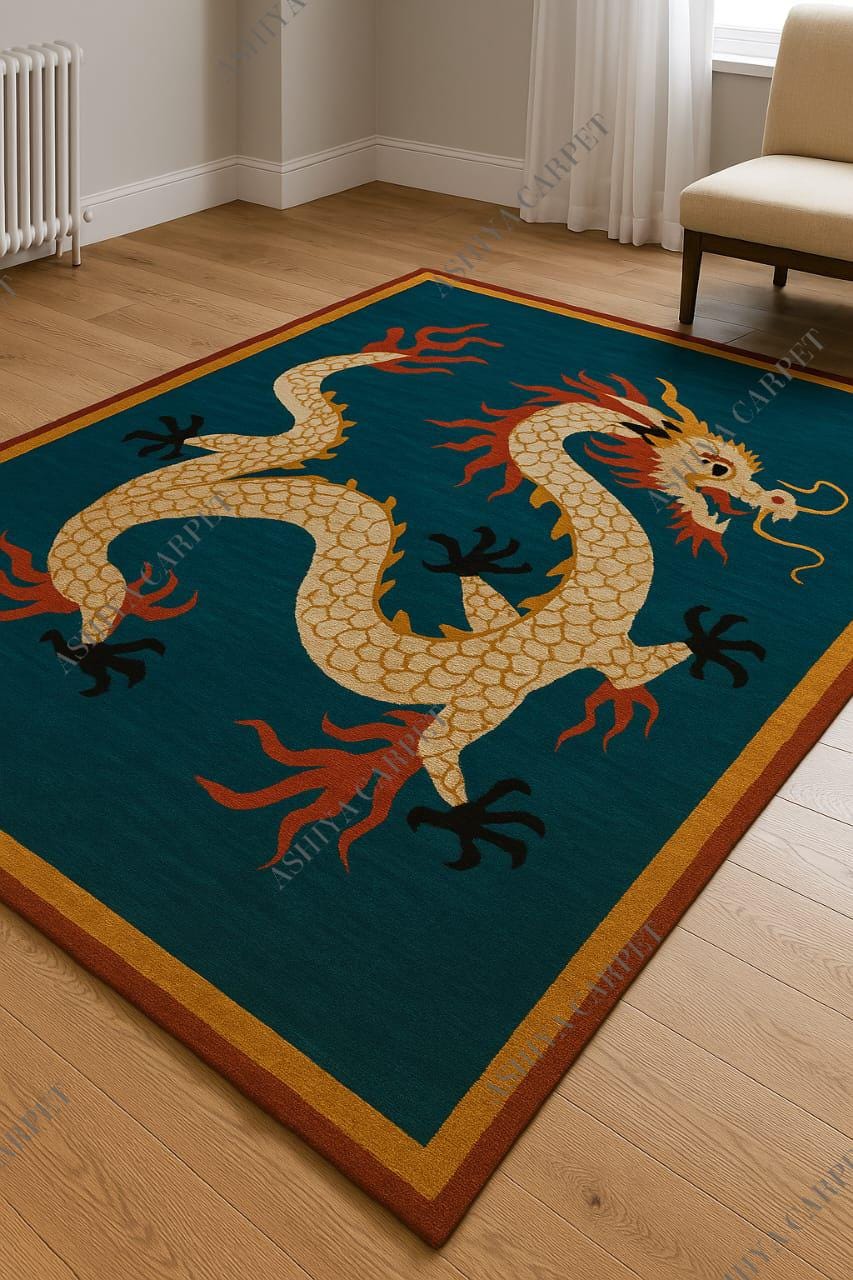 Alfombra de dragón chino tejida a mano / Alfombra de lana verde azulado / Diseño de criatura mítica oriental / Alfombra hecha a mano de inspiración tibetana / Alfombra para sala de estar