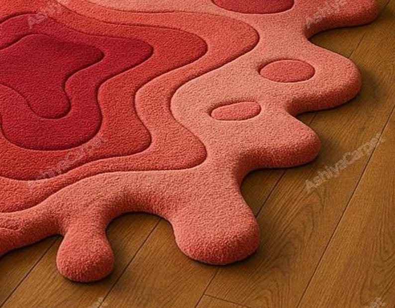 Coral Pink Abstract Blob Rug – Wavy 3D Gradient Floor Carpet With ...